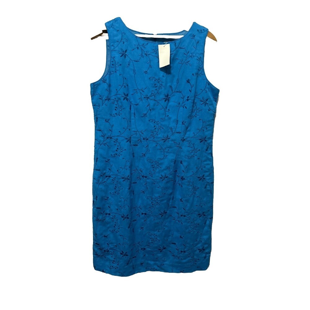 Coldwater Creek Dress Size P12 Tonal Teal Linen Blend Embroidered Floral Sheath